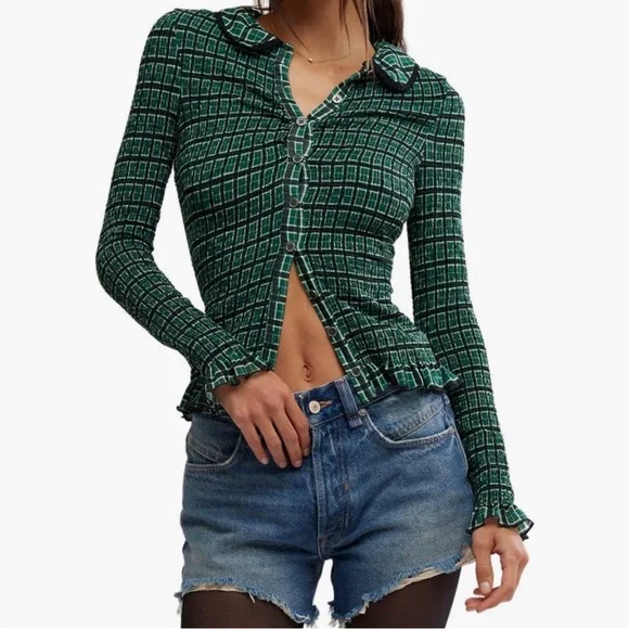 Free People Caught A Feeling Smocked
Button-Up Top Green - Picture 5 of 12